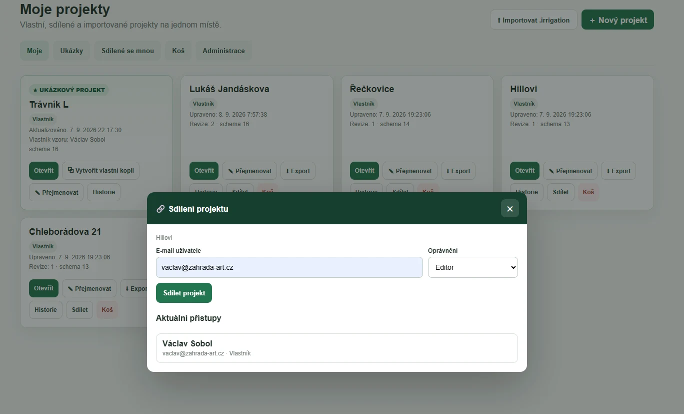 Sdílení projektu v Irrigation Planneru s nastavením oprávnění uživatele